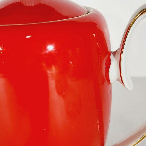 Chodziez Footed Coffee Teapot Red MCM Vtg Poland Ceramic Retro Tall Gold Trim - Picture 6 of 15